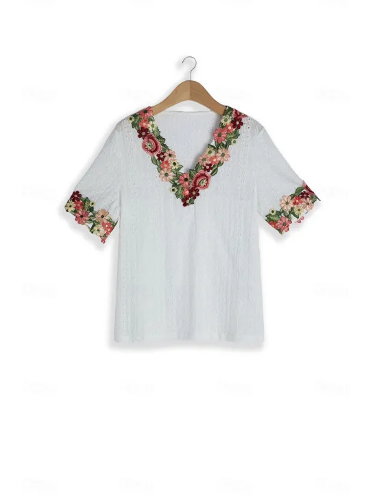 Online Women's White Elegant Lace Tops Eyelet Blouse Floral Embroidery V-Neck Half Sleeve White Summer Casual Outdoor Everyday Wear Romantic Petite Tops Summer Holiday Wear Women Spring Tops