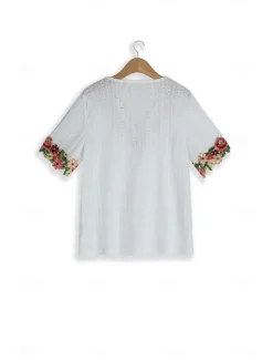 Online Women's White Elegant Lace Tops Eyelet Blouse Floral Embroidery V-Neck Half Sleeve White Summer Casual Outdoor Everyday Wear Romantic Petite Tops Summer Holiday Wear Women Spring Tops