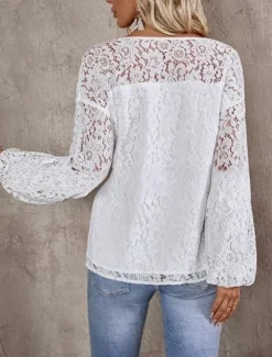 Outlet Women's White Elegant Lace Tops Eyelet Blouse Casual Solid Color Regular Tops Long Sleeve V Neck Lace Patchwork Regular Fit Daily Romantic Petite Tops Summer Holiday Wear White Red Women Shirts|Lace Tops