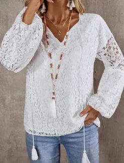 Outlet Women's White Elegant Lace Tops Eyelet Blouse Casual Solid Color Regular Tops Long Sleeve V Neck Lace Patchwork Regular Fit Daily Romantic Petite Tops Summer Holiday Wear White Red Women Shirts|Lace Tops