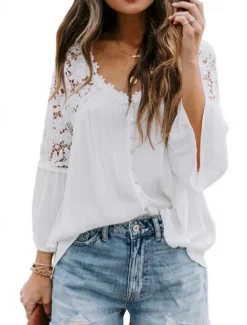 Clearance Women's White Elegant Lace Tops Eyelet Blouse Stylish Modern Lace Bell Sleeve 3/4 Length Sleeve V Neck Work Daily Black White Purple Green Spring Fall Women Lace Tops