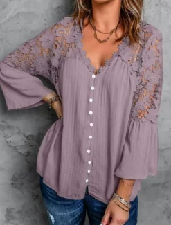 Clearance Women's White Elegant Lace Tops Eyelet Blouse Stylish Modern Lace Bell Sleeve 3/4 Length Sleeve V Neck Work Daily Black White Purple Green Spring Fall Women Lace Tops