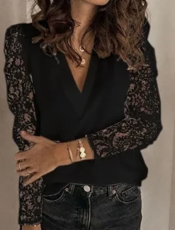 Hot Women's White Elegant Lace Tops Eyelet Blouse Casual Solid Color Regular Tops Long Sleeve V Neck Lace Patchwork Regular Fit Daily Black White Pink Romantic Petite Tops Summer Holiday Wear Women Lace Tops