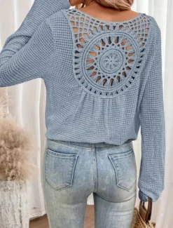 New Women's White Elegant Lace Tops Eyelet Blouse Stylish Casual Solid Color Eyelet Long Sleeve Crew Neck Daily Romantic Petite Tops Summer Holiday Wear Grass Green Pink Blue Beige Summer Spring Fall Women Lace Tops