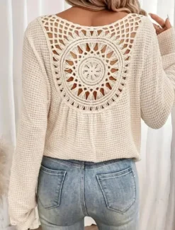 New Women's White Elegant Lace Tops Eyelet Blouse Stylish Casual Solid Color Eyelet Long Sleeve Crew Neck Daily Romantic Petite Tops Summer Holiday Wear Grass Green Pink Blue Beige Summer Spring Fall Women Lace Tops