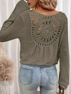 New Women's White Elegant Lace Tops Eyelet Blouse Stylish Casual Solid Color Eyelet Long Sleeve Crew Neck Daily Romantic Petite Tops Summer Holiday Wear Grass Green Pink Blue Beige Summer Spring Fall Women Lace Tops