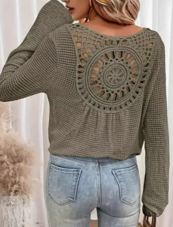 New Women's White Elegant Lace Tops Eyelet Blouse Stylish Casual Solid Color Eyelet Long Sleeve Crew Neck Daily Romantic Petite Tops Summer Holiday Wear Grass Green Pink Blue Beige Summer Spring Fall Women Lace Tops