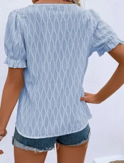 Online Women's White Elegant Lace Tops Eyelet Blouse Fashion Modern Casual Plain Regular Tops Short Sleeve V Neck Regular Fit Daily Weekend Romantic Petite Tops Summer Holiday Wear White Pink Blue Summer Women Lace Tops