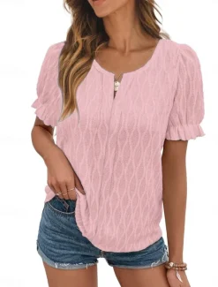 Online Women's White Elegant Lace Tops Eyelet Blouse Fashion Modern Casual Plain Regular Tops Short Sleeve V Neck Regular Fit Daily Weekend Romantic Petite Tops Summer Holiday Wear White Pink Blue Summer Women Lace Tops