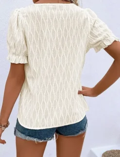 Online Women's White Elegant Lace Tops Eyelet Blouse Fashion Modern Casual Plain Regular Tops Short Sleeve V Neck Regular Fit Daily Weekend Romantic Petite Tops Summer Holiday Wear White Pink Blue Summer Women Lace Tops