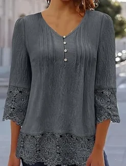 Outlet Women's White Elegant Lace Tops Eyelet Blouse Stylish Casual Solid Color Lace Buttons 3 4 Length Sleeve Regular Tops V Neck Daily Romantic Petite Tops Summer Holiday Wear White Pink Blue Gray Spring Women Lace Tops