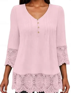 Outlet Women's White Elegant Lace Tops Eyelet Blouse Stylish Casual Solid Color Lace Buttons 3 4 Length Sleeve Regular Tops V Neck Daily Romantic Petite Tops Summer Holiday Wear White Pink Blue Gray Spring Women Lace Tops