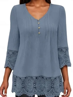 Outlet Women's White Elegant Lace Tops Eyelet Blouse Stylish Casual Solid Color Lace Buttons 3 4 Length Sleeve Regular Tops V Neck Daily Romantic Petite Tops Summer Holiday Wear White Pink Blue Gray Spring Women Lace Tops