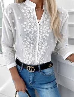 Hot Women's Elegant Lace Tops Eyelet Blouse Stylish Modern Solid Color Long Sleeve High Neck Embroidered Hollow Out Regular Fit Work Daily Romantic Petite Tops Summer Holiday Wear Spring Fall Women Lace Tops