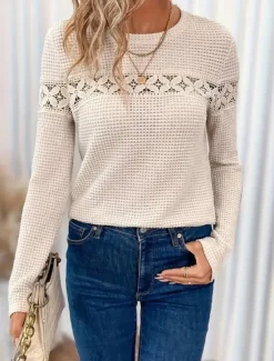 Online Women's White Elegant Lace Tops Eyelet Blouse Casual Long Sleeve Regular Tops Crew Neck Daily Romantic Petite Tops Summer Holiday Wear Black White Red Light Brown Spring Fall Women Lace Tops
