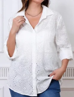 Best Women's White Elegant Lace Tops Eyelet Blouse Floral Regular Tops Long Sleeve Shirt Collar Buttons Eyelet Regular Fit Daily Romantic Petite Tops Summer Holiday Wear White Purple Women Lace Tops