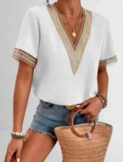 New Women's White Elegant Lace Tops Eyelet Blouse T Shirt Burgundy Tee Plain Regular Tops Short Sleeve V Neck Regular Fit Daily Weekend Romantic Petite Tops Summer Holiday Wear Black White Wine Women Lace Tops