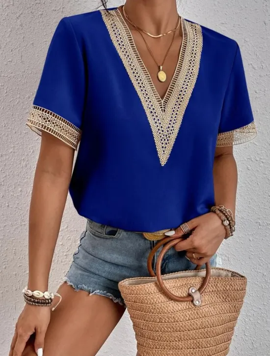 New Women's White Elegant Lace Tops Eyelet Blouse T Shirt Burgundy Tee Plain Regular Tops Short Sleeve V Neck Regular Fit Daily Weekend Romantic Petite Tops Summer Holiday Wear Black White Wine Women Lace Tops
