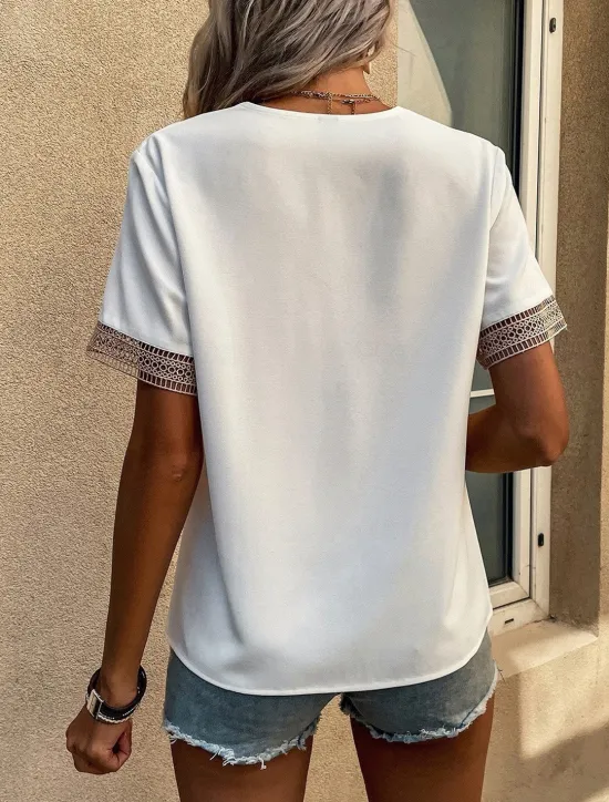 New Women's White Elegant Lace Tops Eyelet Blouse T Shirt Burgundy Tee Plain Regular Tops Short Sleeve V Neck Regular Fit Daily Weekend Romantic Petite Tops Summer Holiday Wear Black White Wine Women Lace Tops