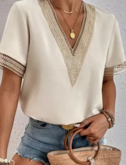 New Women's White Elegant Lace Tops Eyelet Blouse T Shirt Burgundy Tee Plain Regular Tops Short Sleeve V Neck Regular Fit Daily Weekend Romantic Petite Tops Summer Holiday Wear Black White Wine Women Lace Tops