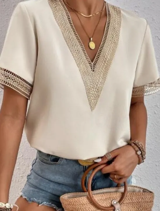 New Women's White Elegant Lace Tops Eyelet Blouse T Shirt Burgundy Tee Plain Regular Tops Short Sleeve V Neck Regular Fit Daily Weekend Romantic Petite Tops Summer Holiday Wear Black White Wine Women Lace Tops