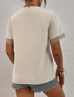 New Women's White Elegant Lace Tops Eyelet Blouse T Shirt Burgundy Tee Plain Regular Tops Short Sleeve V Neck Regular Fit Daily Weekend Romantic Petite Tops Summer Holiday Wear Black White Wine Women Lace Tops