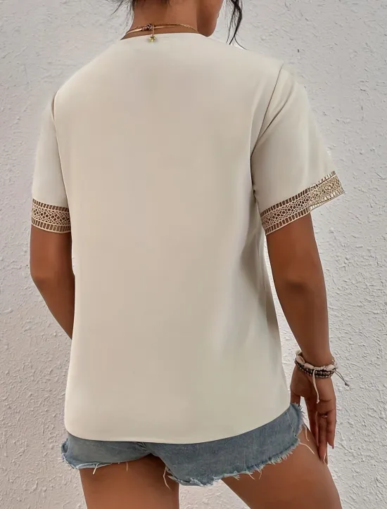 New Women's White Elegant Lace Tops Eyelet Blouse T Shirt Burgundy Tee Plain Regular Tops Short Sleeve V Neck Regular Fit Daily Weekend Romantic Petite Tops Summer Holiday Wear Black White Wine Women Lace Tops