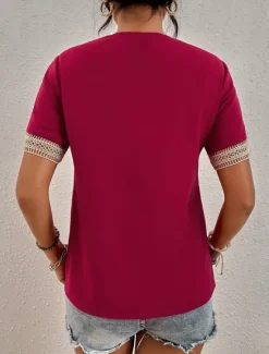 New Women's White Elegant Lace Tops Eyelet Blouse T Shirt Burgundy Tee Plain Regular Tops Short Sleeve V Neck Regular Fit Daily Weekend Romantic Petite Tops Summer Holiday Wear Black White Wine Women Lace Tops