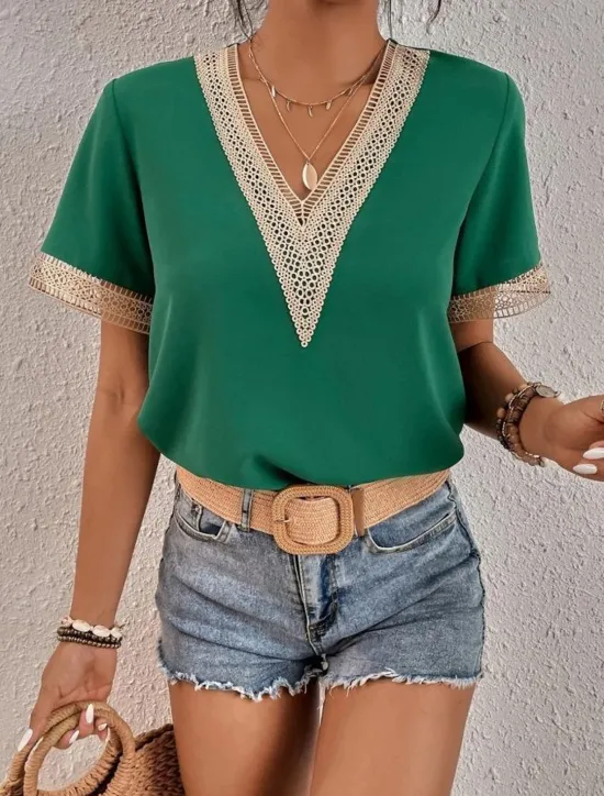 New Women's White Elegant Lace Tops Eyelet Blouse T Shirt Burgundy Tee Plain Regular Tops Short Sleeve V Neck Regular Fit Daily Weekend Romantic Petite Tops Summer Holiday Wear Black White Wine Women Lace Tops