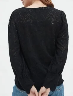 Clearance Women's White Elegant Lace Tops Eyelet Blouse Casual Solid Color Regular Tops Long Sleeve V Neck Lace Patchwork Regular Fit Daily Romantic Petite Tops Summer Holiday Wear Black White Beige Women Lace Tops