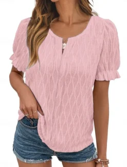 New Women's White Elegant Lace Tops Eyelet Blouse Fashion Modern Casual Plain Regular Tops Long Sleeve Notched Neck Regular Fit Daily Weekend Romantic Petite Tops Summer Holiday Wear Summer Spring Women Lace Tops