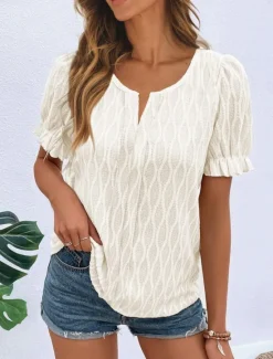 New Women's White Elegant Lace Tops Eyelet Blouse Fashion Modern Casual Plain Regular Tops Long Sleeve Notched Neck Regular Fit Daily Weekend Romantic Petite Tops Summer Holiday Wear Summer Spring Women Lace Tops
