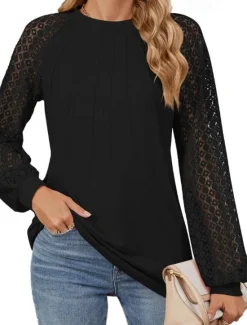 Online Women's White Elegant Lace Tops Eyelet Blouse Fashion Casual Lace Mesh Long Sleeve Regular Tops Crew Neck Daily Romantic Petite Tops Summer Holiday Wear Black White Pink Blue Summer Spring Fall Women Lace Tops