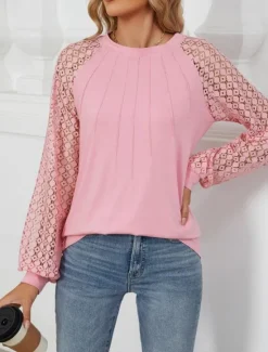 Online Women's White Elegant Lace Tops Eyelet Blouse Fashion Casual Lace Mesh Long Sleeve Regular Tops Crew Neck Daily Romantic Petite Tops Summer Holiday Wear Black White Pink Blue Summer Spring Fall Women Lace Tops