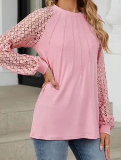 Online Women's White Elegant Lace Tops Eyelet Blouse Fashion Casual Lace Mesh Long Sleeve Regular Tops Crew Neck Daily Romantic Petite Tops Summer Holiday Wear Black White Pink Blue Summer Spring Fall Women Lace Tops
