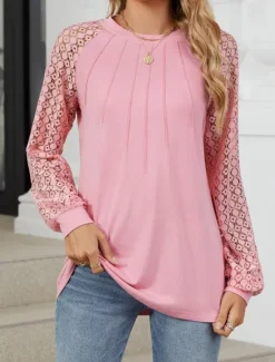 Online Women's White Elegant Lace Tops Eyelet Blouse Fashion Casual Lace Mesh Long Sleeve Regular Tops Crew Neck Daily Romantic Petite Tops Summer Holiday Wear Black White Pink Blue Summer Spring Fall Women Lace Tops