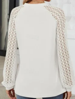 Online Women's White Elegant Lace Tops Eyelet Blouse Fashion Casual Lace Mesh Long Sleeve Regular Tops Crew Neck Daily Romantic Petite Tops Summer Holiday Wear Black White Pink Blue Summer Spring Fall Women Lace Tops