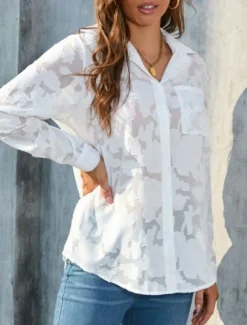 New Women's White Elegant Lace Tops Eyelet Blouse Casual Solid Color Regular Tops Long Sleeve Shirt Collar Buttons Pocket Regular Fit Daily Romantic Petite Tops Summer Holiday Wear White Yellow Purple Women Lace Tops