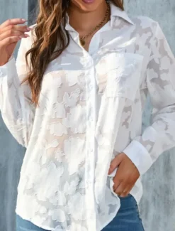New Women's White Elegant Lace Tops Eyelet Blouse Casual Solid Color Regular Tops Long Sleeve Shirt Collar Buttons Pocket Regular Fit Daily Romantic Petite Tops Summer Holiday Wear White Yellow Purple Women Lace Tops