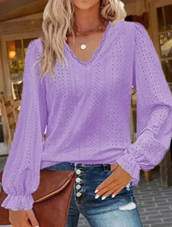 Outlet Women's White Elegant Lace Tops Eyelet Blouse Stylish Solid Color Eyelet Puff Sleeve Long Sleeve Regular Tops V Neck Daily Romantic Petite Tops Summer Holiday Wear White Pink Purple Green Spring Fall Women Lace Tops