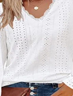 Outlet Women's White Elegant Lace Tops Eyelet Blouse Stylish Solid Color Eyelet Puff Sleeve Long Sleeve Regular Tops V Neck Daily Romantic Petite Tops Summer Holiday Wear White Pink Purple Green Spring Fall Women Lace Tops