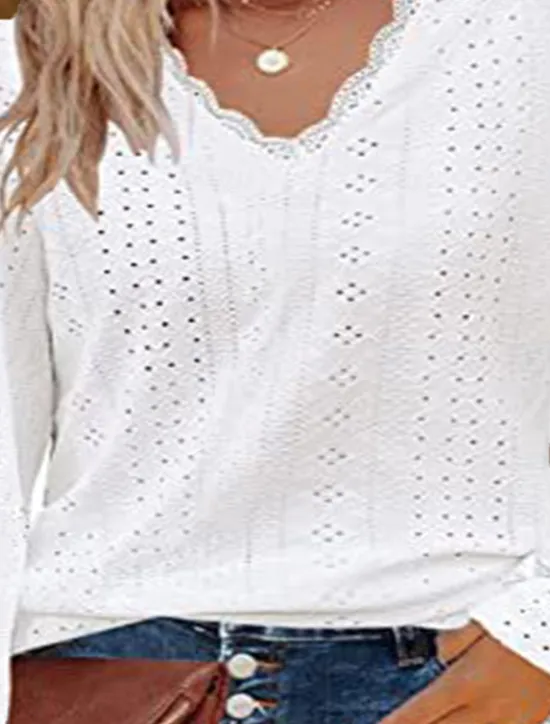 Outlet Women's White Elegant Lace Tops Eyelet Blouse Stylish Solid Color Eyelet Puff Sleeve Long Sleeve Regular Tops V Neck Daily Romantic Petite Tops Summer Holiday Wear White Pink Purple Green Spring Fall Women Lace Tops