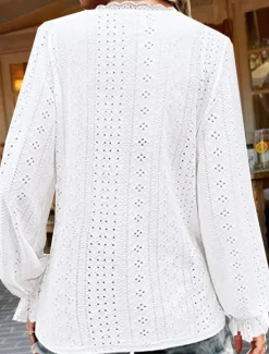 Outlet Women's White Elegant Lace Tops Eyelet Blouse Stylish Solid Color Eyelet Puff Sleeve Long Sleeve Regular Tops V Neck Daily Romantic Petite Tops Summer Holiday Wear White Pink Purple Green Spring Fall Women Lace Tops