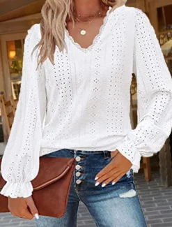 Outlet Women's White Elegant Lace Tops Eyelet Blouse Stylish Solid Color Eyelet Puff Sleeve Long Sleeve Regular Tops V Neck Daily Romantic Petite Tops Summer Holiday Wear White Pink Purple Green Spring Fall Women Lace Tops