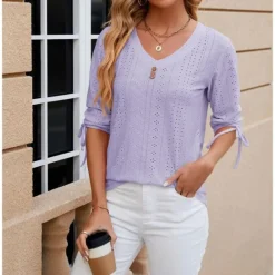 Hot Women's White Elegant Lace Tops Eyelet Blouse Stylish Modern Solid Color Buttons Eyelet 3 4 Length Sleeve V Neck Daily Romantic Petite Tops Summer Holiday Wear White Pink Purple Green Summer Spring Women Lace Tops