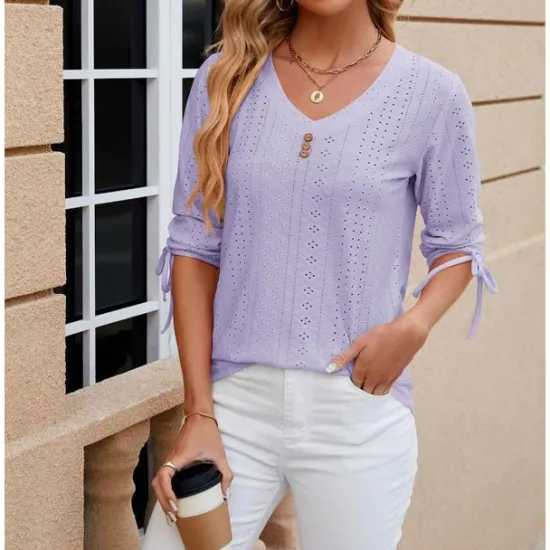 Hot Women's White Elegant Lace Tops Eyelet Blouse Stylish Modern Solid Color Buttons Eyelet 3 4 Length Sleeve V Neck Daily Romantic Petite Tops Summer Holiday Wear White Pink Purple Green Summer Spring Women Lace Tops
