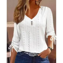Hot Women's White Elegant Lace Tops Eyelet Blouse Stylish Modern Solid Color Buttons Eyelet 3 4 Length Sleeve V Neck Daily Romantic Petite Tops Summer Holiday Wear White Pink Purple Green Summer Spring Women Lace Tops