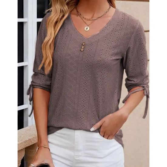 Hot Women's White Elegant Lace Tops Eyelet Blouse Stylish Modern Solid Color Buttons Eyelet 3 4 Length Sleeve V Neck Daily Romantic Petite Tops Summer Holiday Wear White Pink Purple Green Summer Spring Women Lace Tops