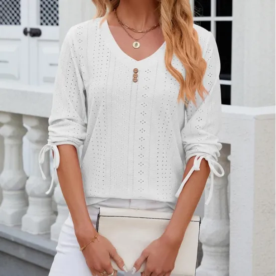 Hot Women's White Elegant Lace Tops Eyelet Blouse Stylish Modern Solid Color Buttons Eyelet 3 4 Length Sleeve V Neck Daily Romantic Petite Tops Summer Holiday Wear White Pink Purple Green Summer Spring Women Lace Tops