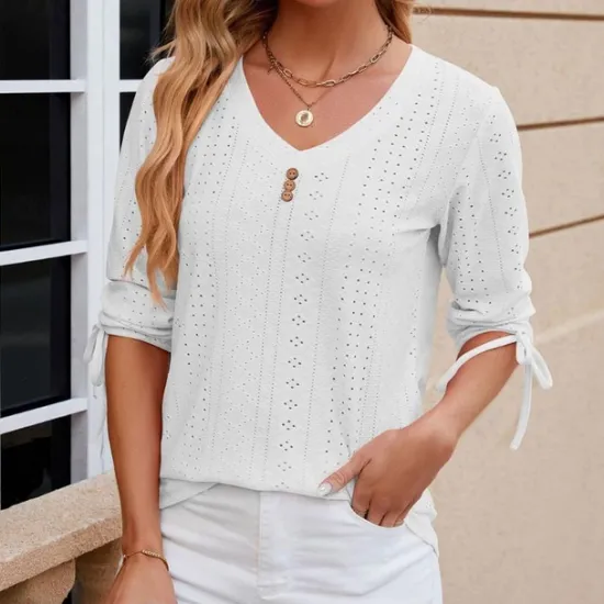 Hot Women's White Elegant Lace Tops Eyelet Blouse Stylish Modern Solid Color Buttons Eyelet 3 4 Length Sleeve V Neck Daily Romantic Petite Tops Summer Holiday Wear White Pink Purple Green Summer Spring Women Lace Tops